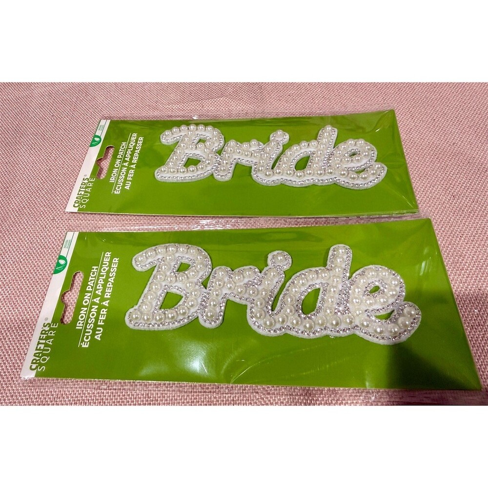 2 Bride Iron-On Transfer Patch Set Ivory Pearl & Rhinestone Wedding gift Craft